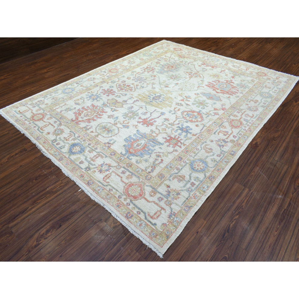 Ivory Afghan Oushak Branch Flower Design Soft Wool Hand Knotted Rug, 8'1"x10'2"