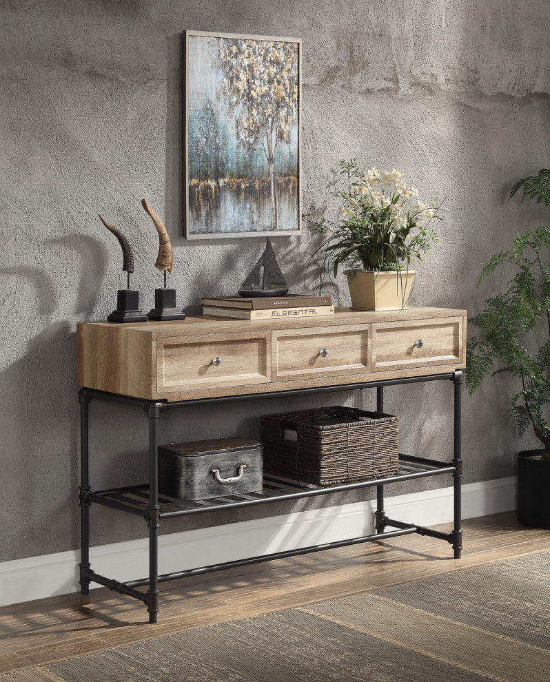 3 Drawers Sofa Table, Oak and Sandy Black