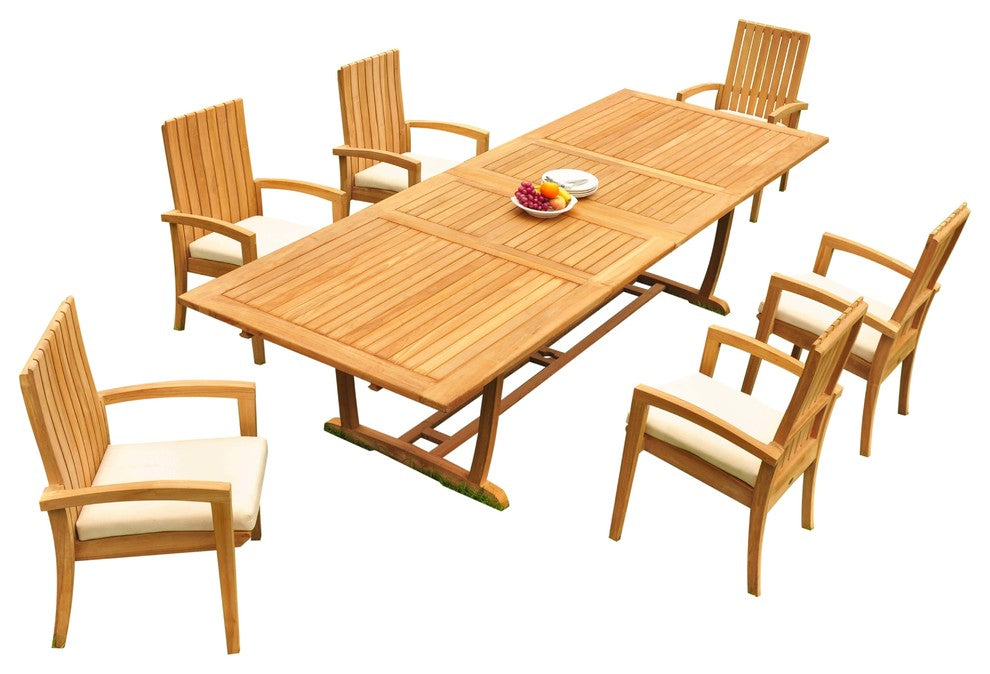 7-Piece Outdoor Teak Dining: 117" Masc Rectangle Table, 6 Goa Stacking Chairs