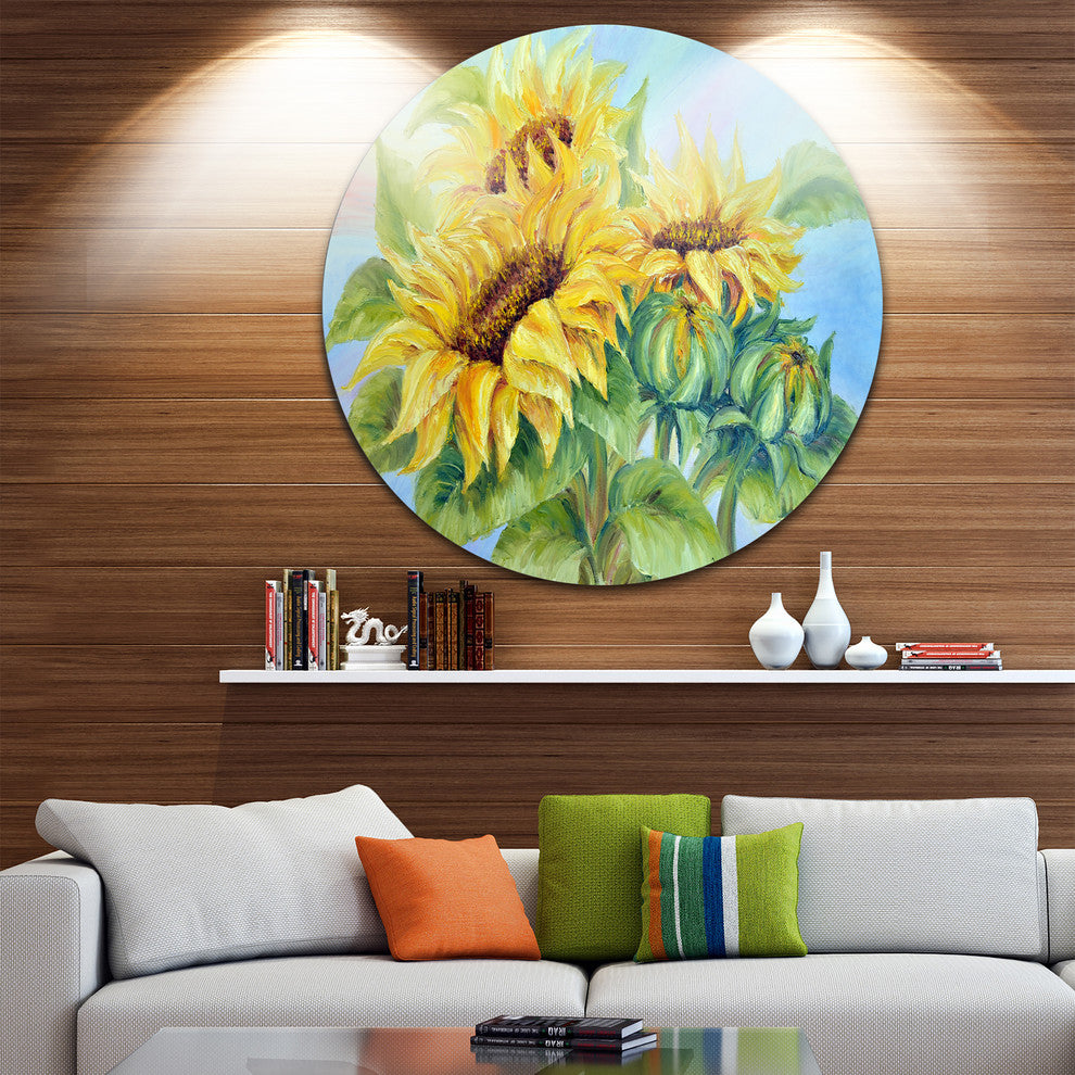 Three Sunflowers, Floral Large Disc Metal Wall Art, 11"