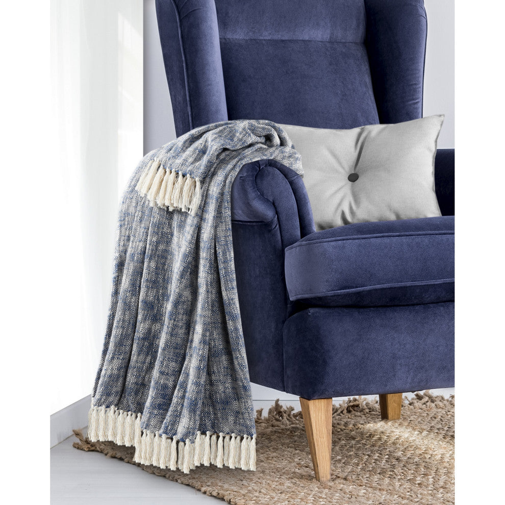 Boho Chambray Throw Blanket with Fringe, Navy Blue