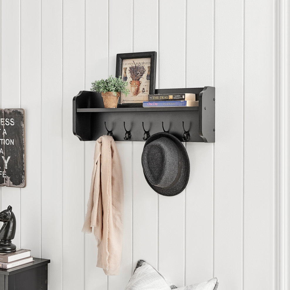 Danya B. Entryway Floating Utility Wall Shelf with Hooks "“ Wall Mounted, Black