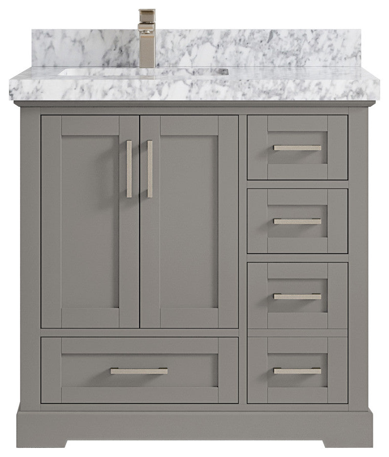Boston 36 Left Offset Bath Vanity in Elephant Skin Gray 2" Carrara Marble