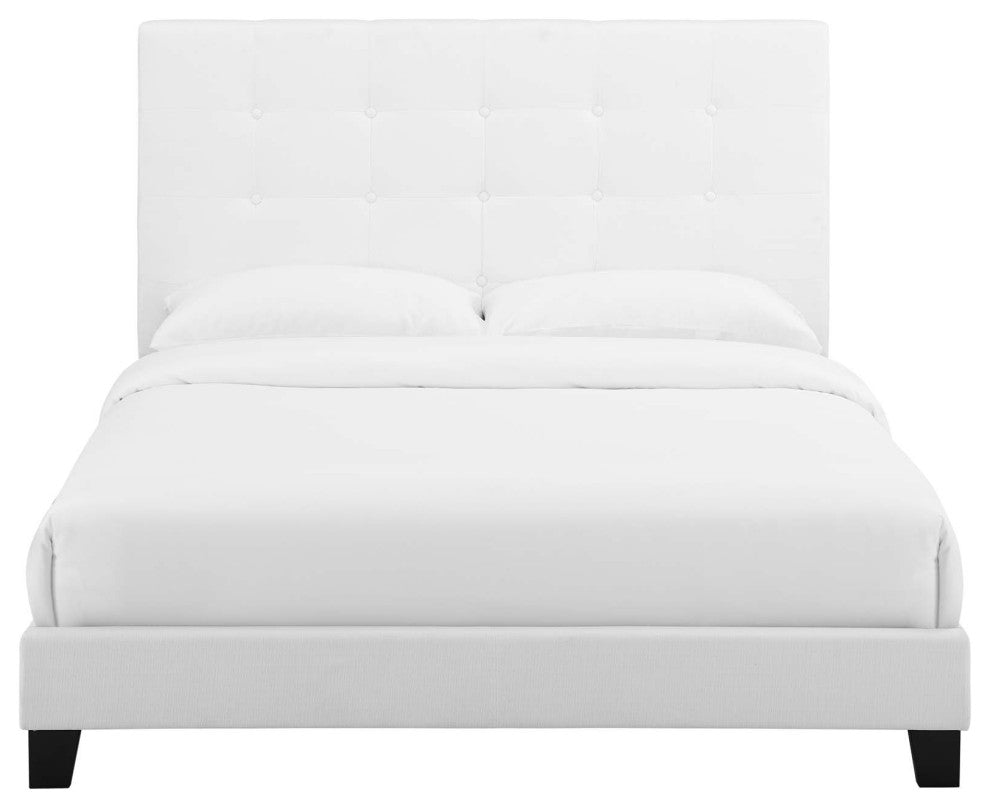 Melanie Queen Tufted Button Upholstered Fabric Platform Bed, White