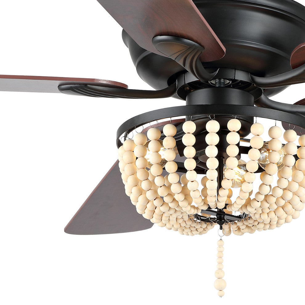 Erin 52" 3-Light LED Ceiling Fan, Iron/Wood Beads, Remote/App Control, brown