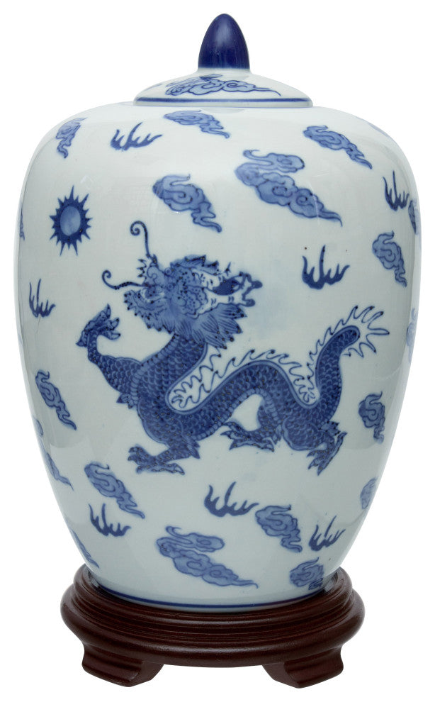 11" Dragon Blue and White Porcelain Vase Jar