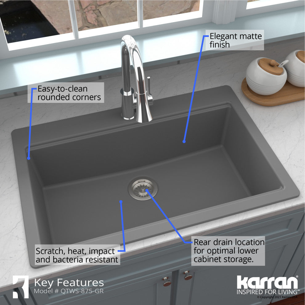 Karran Top Mount 33" Single Bowl Quartz Workstation Kitchen Sink, Grey