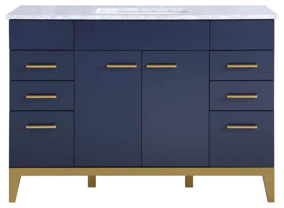 Enigma 48" W Freestanding Bath Vanity, Blue With White Carrara Marble Top