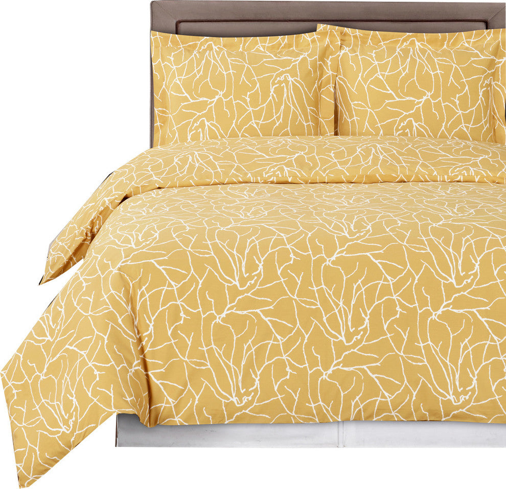 Ema Printed 100% Cotton Duvet Cover Set, Beige and White, King/Cal King