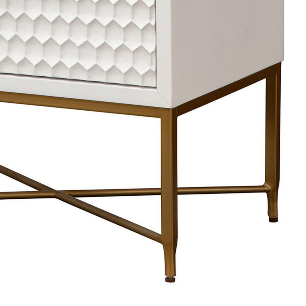 Benzara BM284300 Rexi 26" 2 Drawer Nightstand Honeycomb Wood, White, Gold