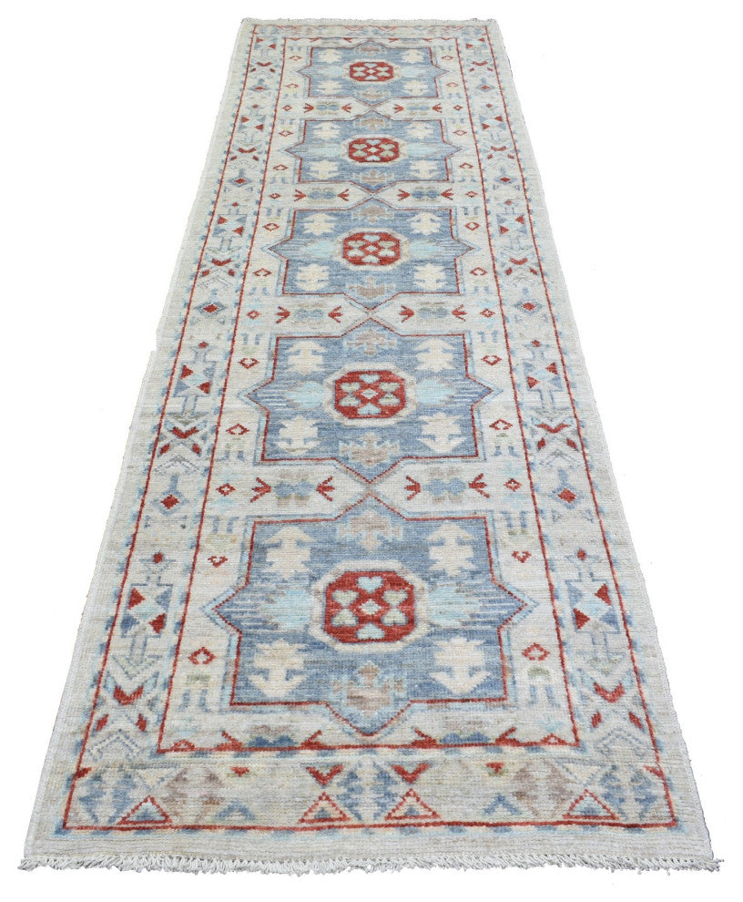 Gray Anatolian Inspired Geometric Hand Knotted Soft Wool Runner Rug, 3'1"x10'2"