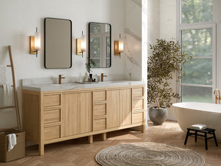 Elizabeth 84 Double Sink Bath Vanity in Light Natural Teak 2" Calacatta Nuvo