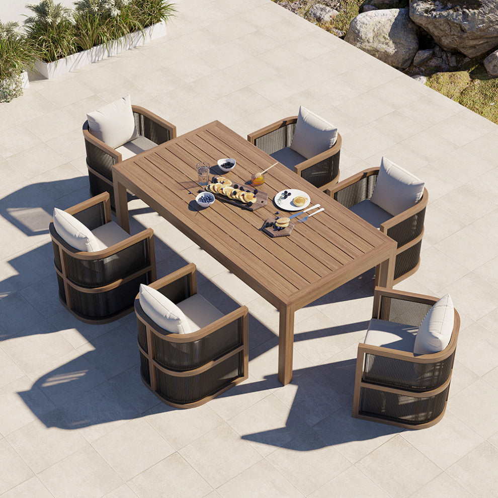 7 Pieces Outdoor Dining Set For 6 with Rectangle Table & Rope Woven Armchair