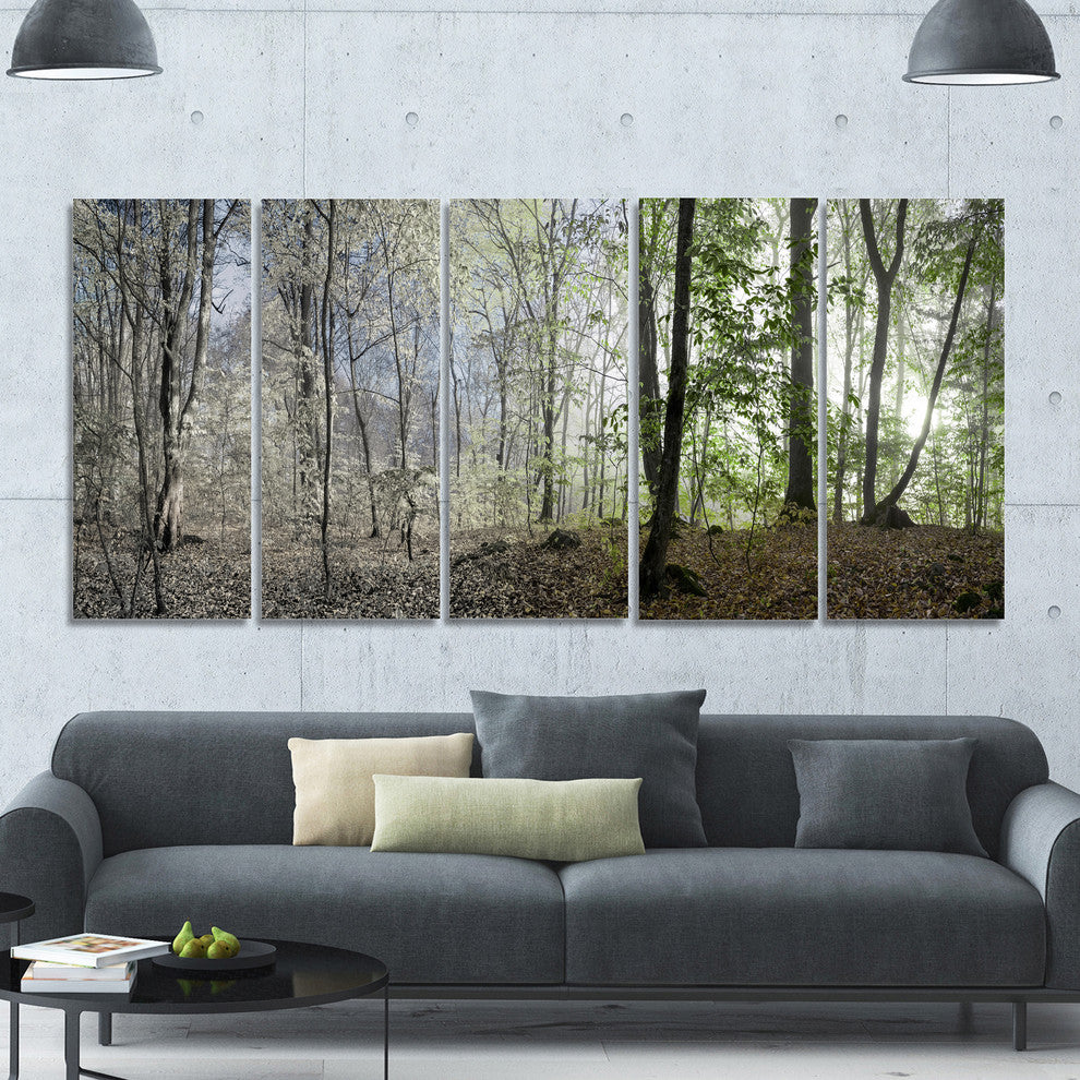 Green Morning in Forest Panorama, Landscape Canvas Art Print, 60"x28", 5 Panels