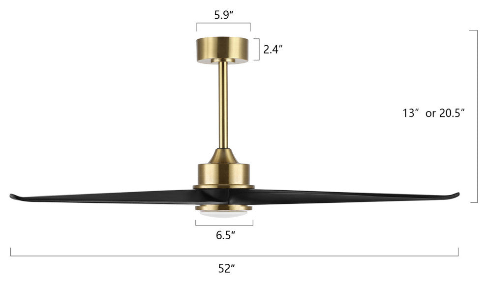 52" Solid Wood 3-Blade LED Ceiling Fan with Remote Control and Light Kit, Gold/Black
