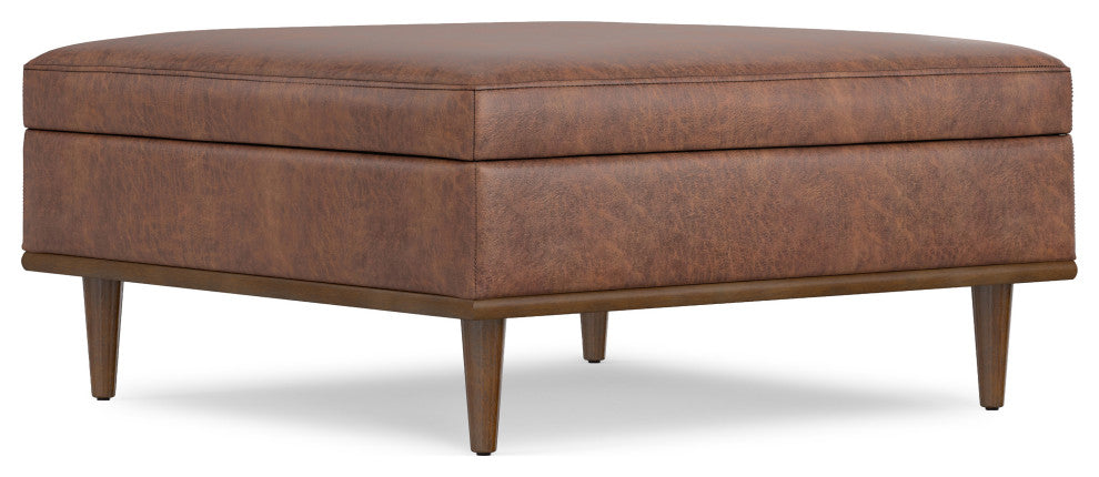 Shiloh Square Storage Ottoman, Distressed Saddle Brown Vegan Faux Leather