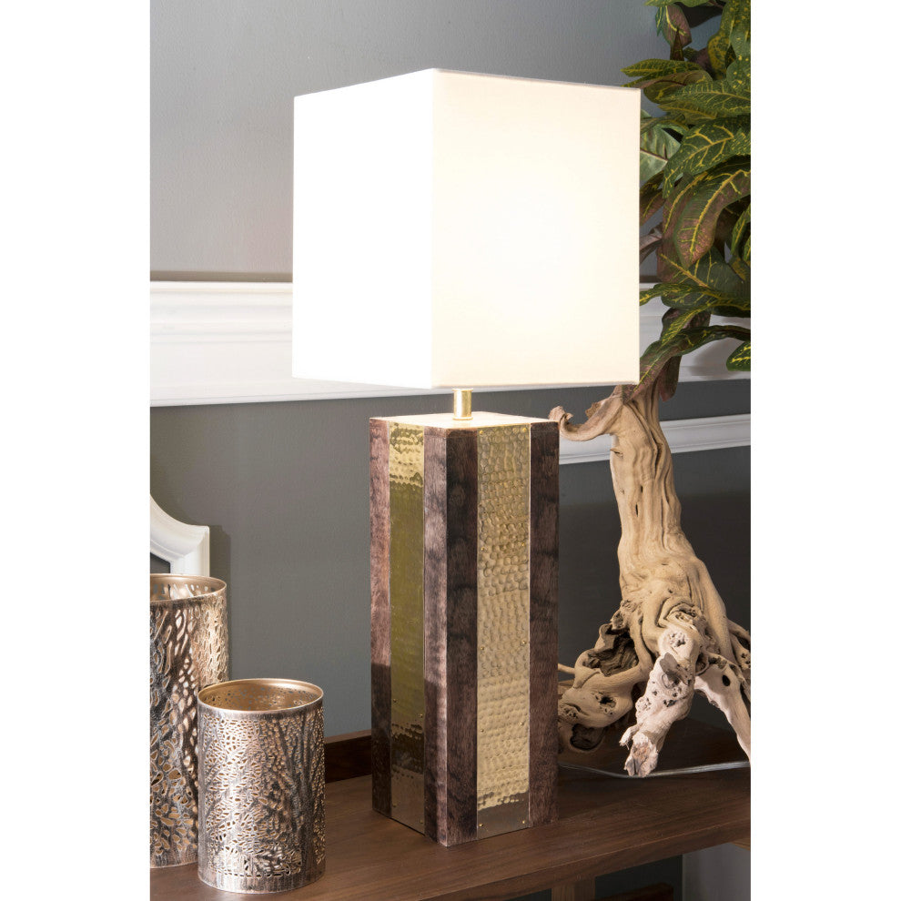 Nuloom Wood and Brass Cotton Shade Gold Finish Inline Switch Table Lamp, 25"
