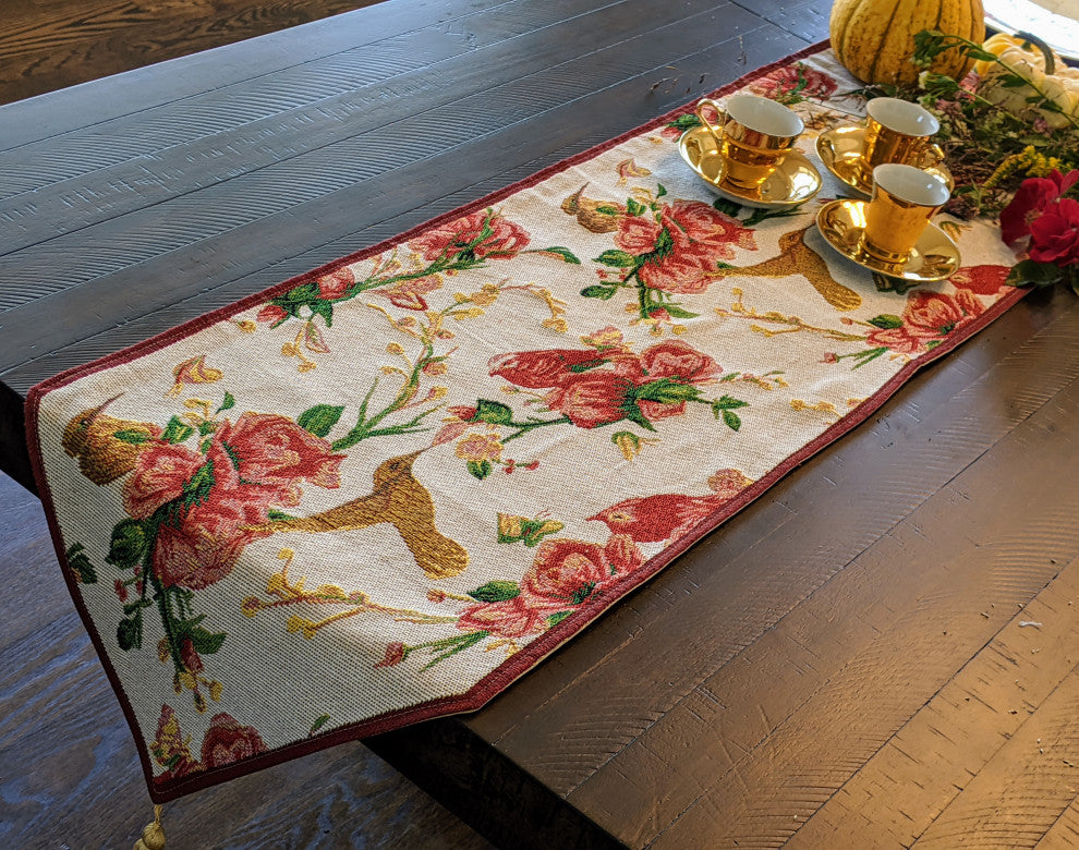 Seasonal Floral Woven Tapestry Table Runners, White Floral, 13x72