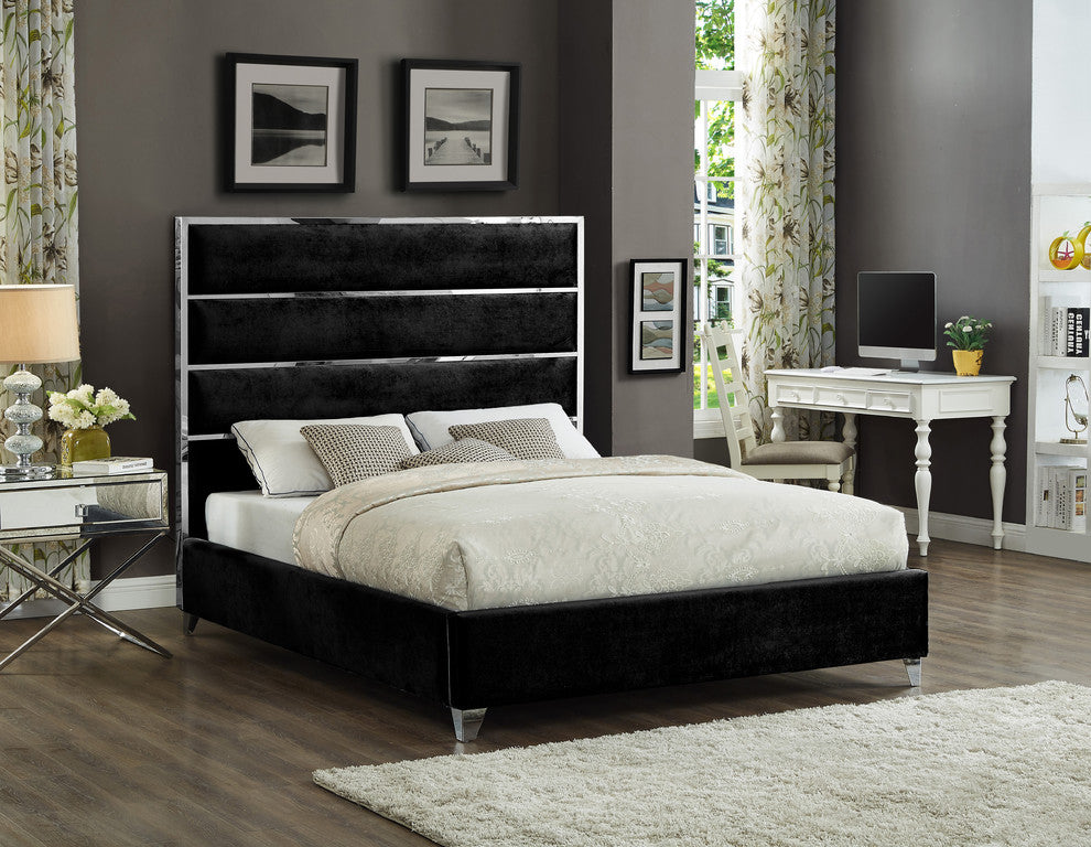 Zuma Velvet Upholstered Bed, Black, Queen