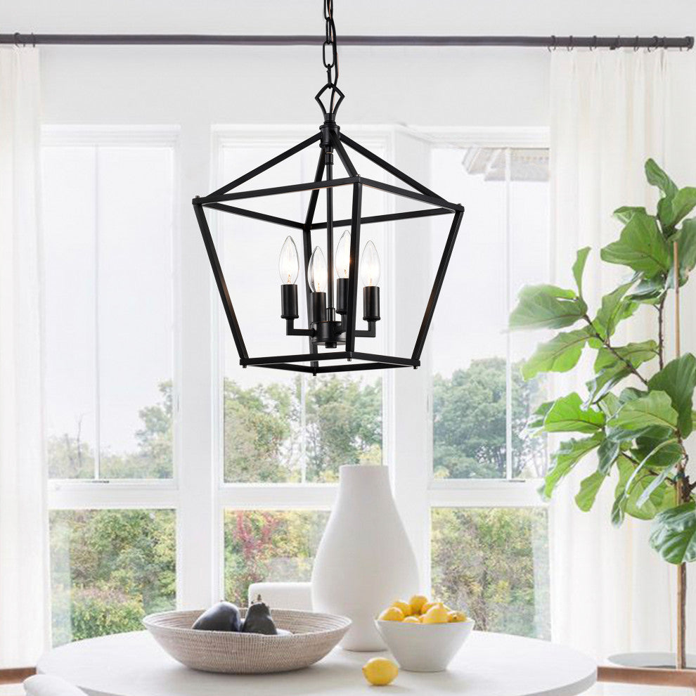 4-Light Matte Black Lantern Pendant Chandelier 12in. With Nickle or Black Sleeve