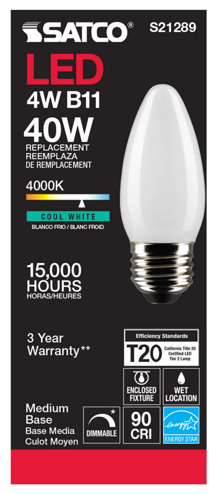 4W B11 LED, Frost, Medium Base, 90 CRI, 4000K, 120V