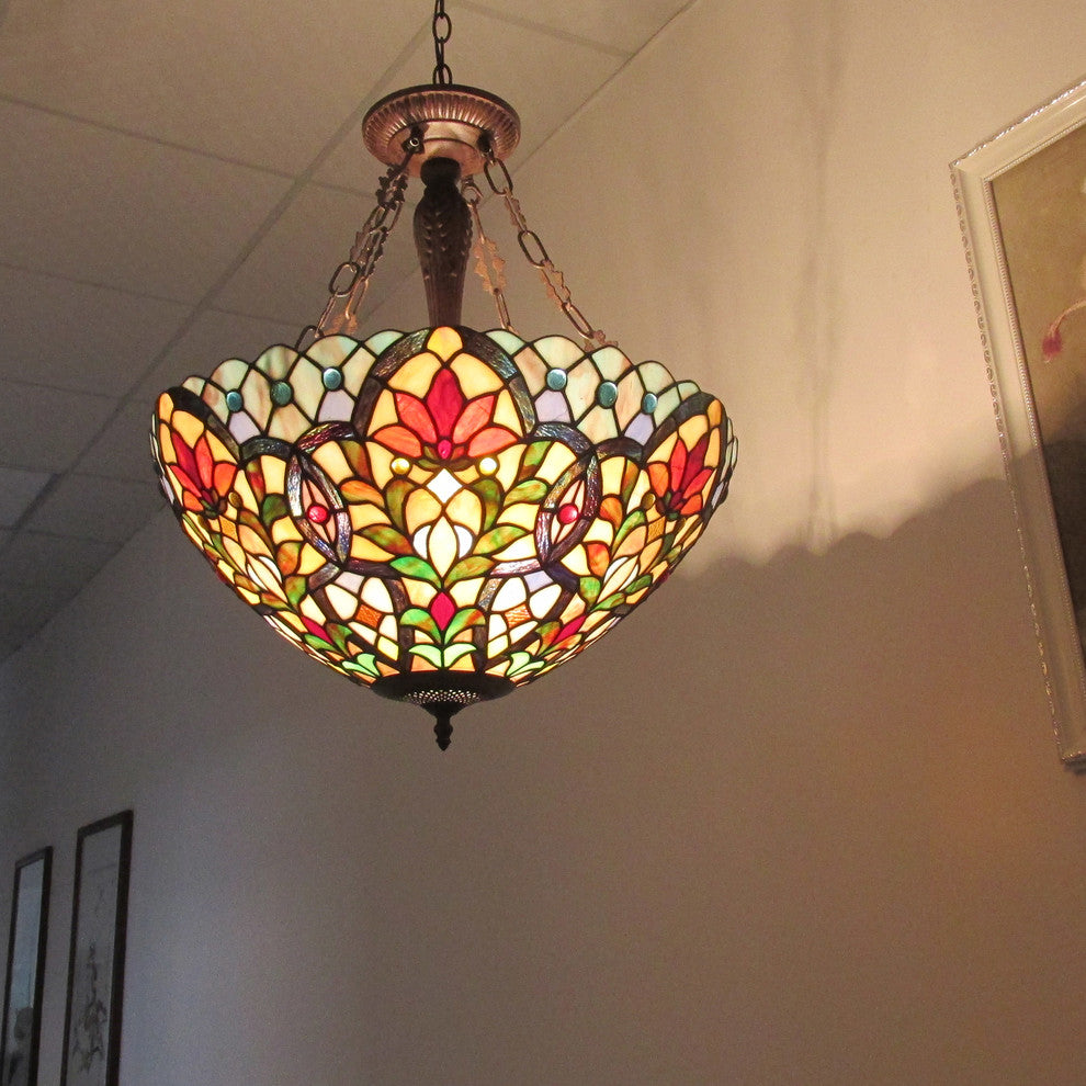Ivana Tiffany Style 3-Light Floral Inverted Ceiling Pendant, 21" Shade