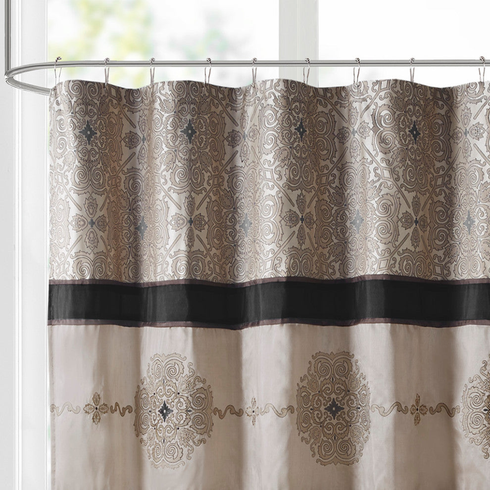 Madison Park Donovan Embroidered Shower Curtain, Black 72x72"