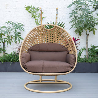 LeisureMod Mendoza Light Brown Wicker Hanging Double Egg Swing Chair, Brown