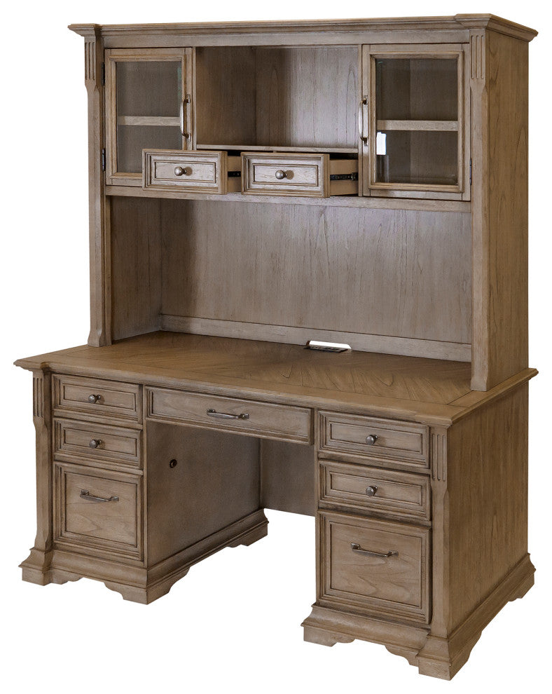Traditional Wood Hutch With Glass Doors Fully Assembled Light Brown