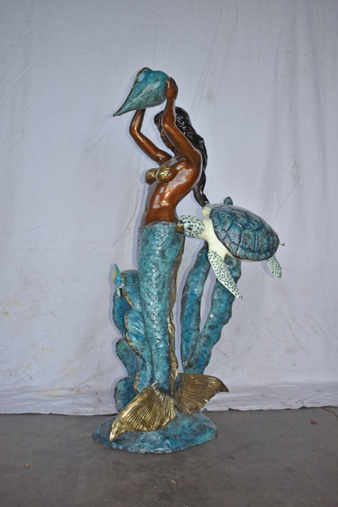 Mermaid Holding a Shell Fountain W Turtle Bronze Statue - Size: 32" x 19" x 60