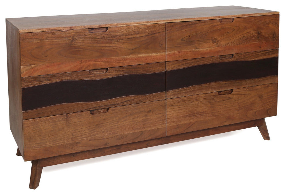Benzara BM285077 Long Dresser, Acacia Wood, 6 Spacious Drawers, Brown Finish