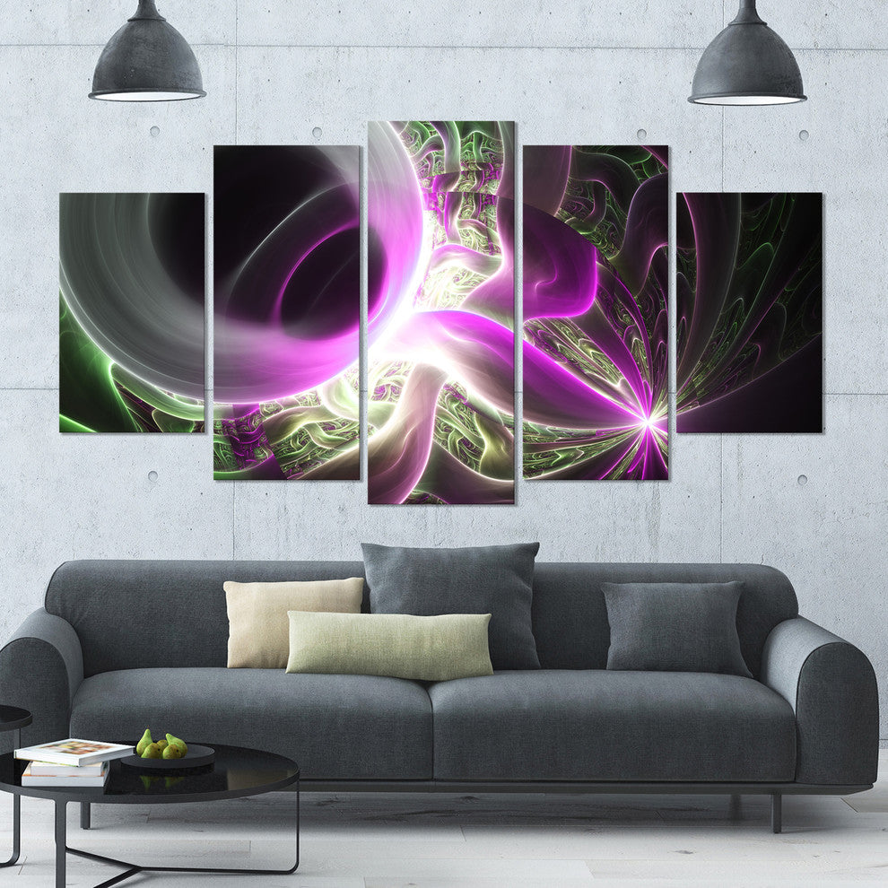 Light Purple Designs on Black, Contemporary Wall Art Canvas, 60"x32", 5 Panels