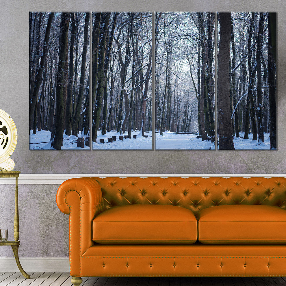 Thick Woods in Winter Forest, Modern Forest Canvas Art, 48"x28", 4 Panels
