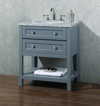 30" W Single Freestanding Bath Vanity, Gray With White Carrara Marble Top