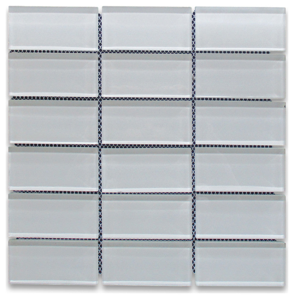 Glass Mosaic Tile White Glass 2x4 Stacked Bathroom Kitchen Backsplash, 1 sheet