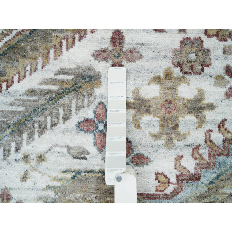 Smoky White Hand Knotted Unique Flower Rosettes Border Square Rug 13'11"x13'11"