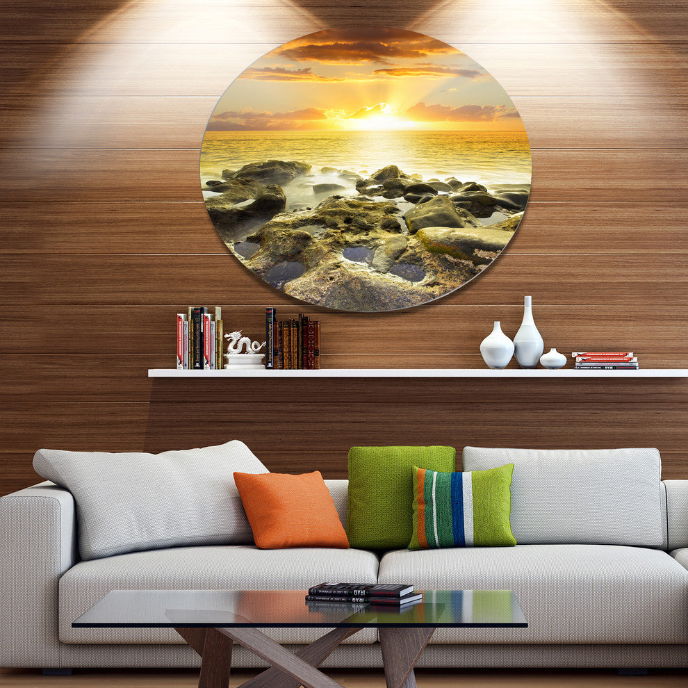 Beautiful Orange Sundown Beach, Seashore Round Wall Art, 11"