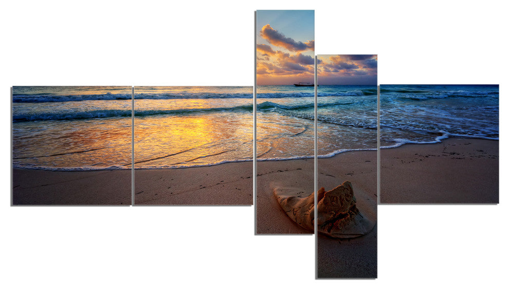 Quiet Seashore during Sunset, Seashore Canvas Art Print, 60"x32", 5 panels