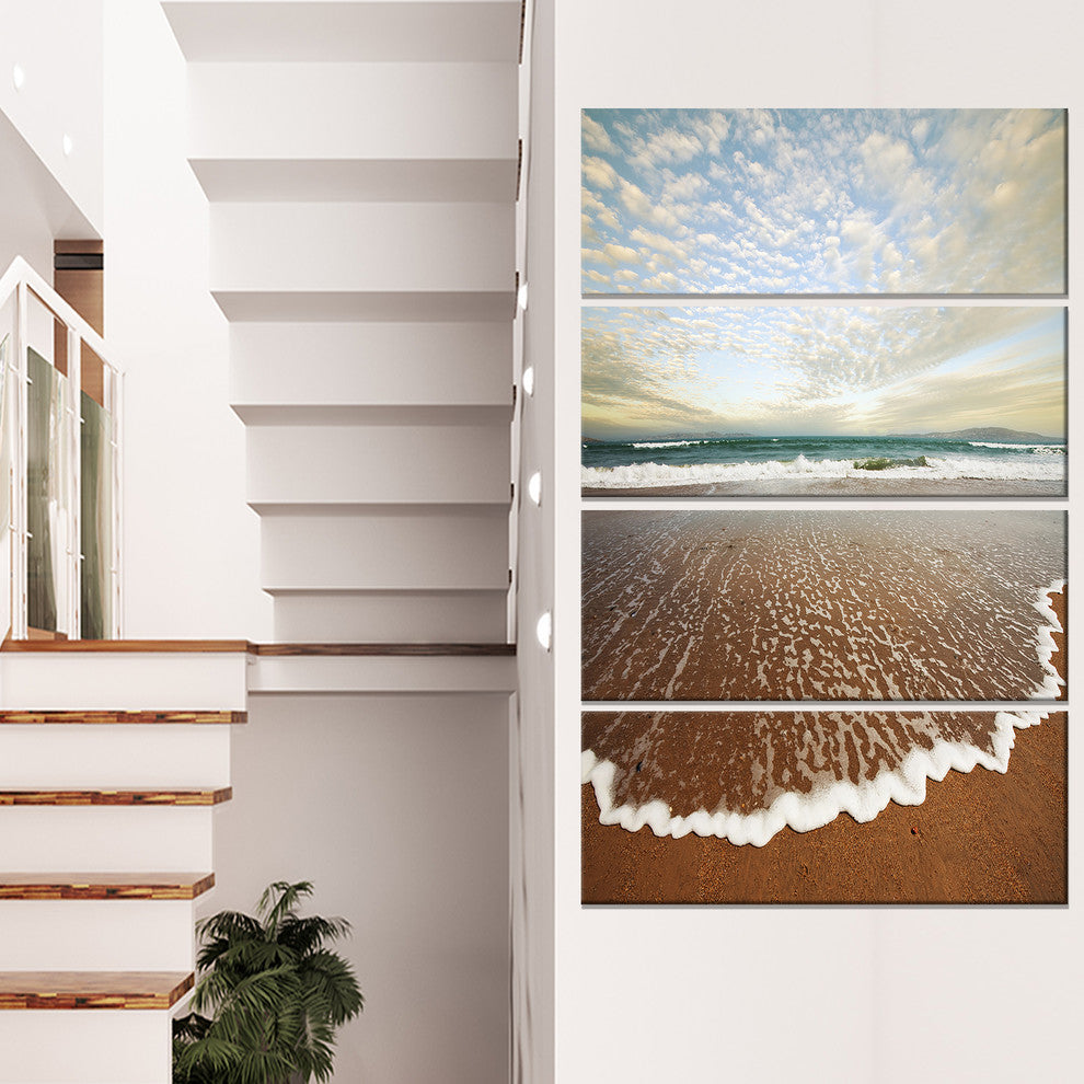 Fantastic Waves and Clouds in Beach, Seashore Canvas Print, 28"x48", 4 Panels