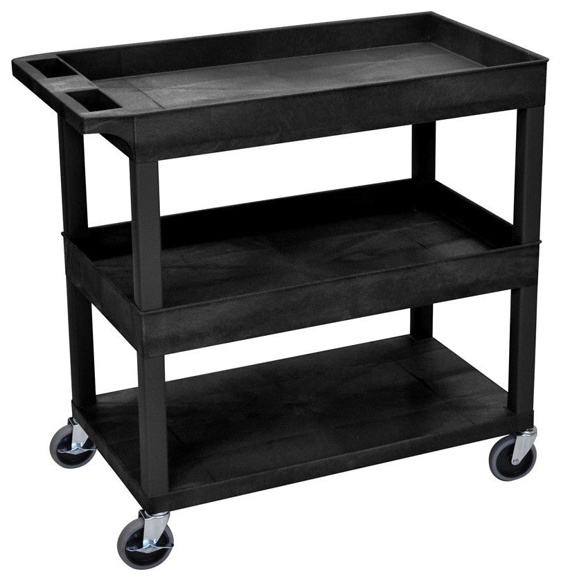 Luxor High Capacity 2 Tubs and 1 Flat Shelf Cart, Black