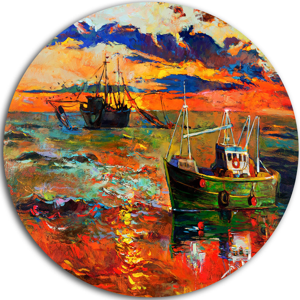 Colorful Fishing Ships, Seascape Painting Round Metal Wall Art, 36"
