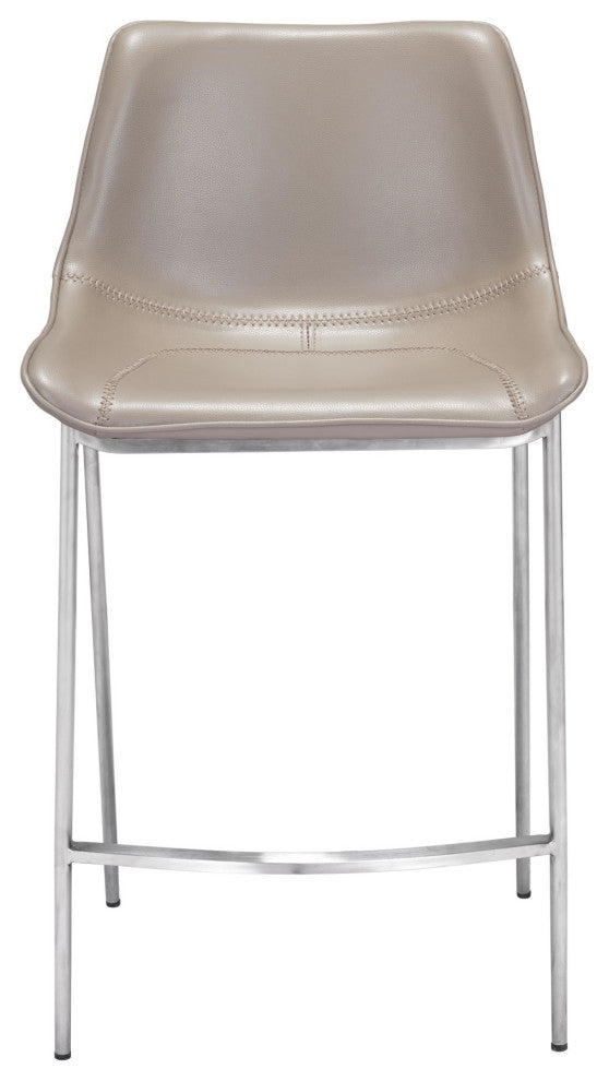 Counter Stool Chair, Set of 2, Faux Vinyl Leather, Steel, Gray, Silver
