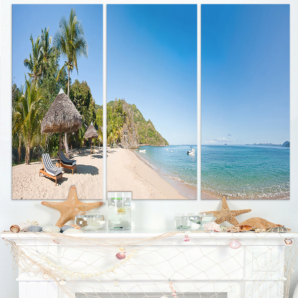"Beach With Chairs and Umbrellas" Photo Canvas Print, 3 Panels, 36"x28"
