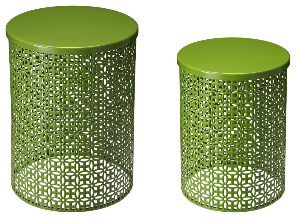Metal Garden Stool or Plant Stand or Accent Table, Set of 2, Green