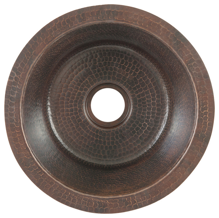 12" Round Hammered Copper Bar Sink, 2" Drain Opening, Drain & Accessories