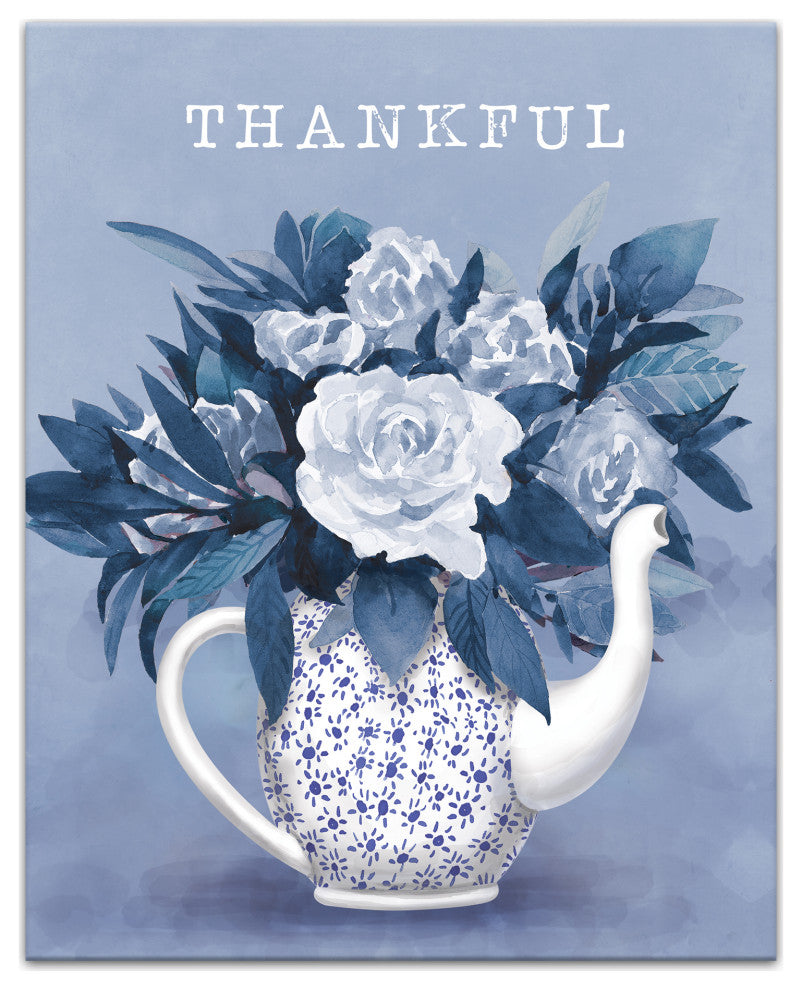 Thankful Teapot With Flowers 16x20 Canvas Wall Art