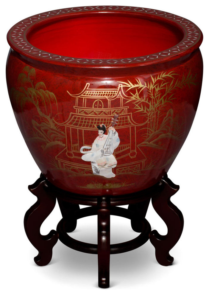 17 Inch Red Mother of Pearl Figurine Chinese Fishbowl Planter, With Stand