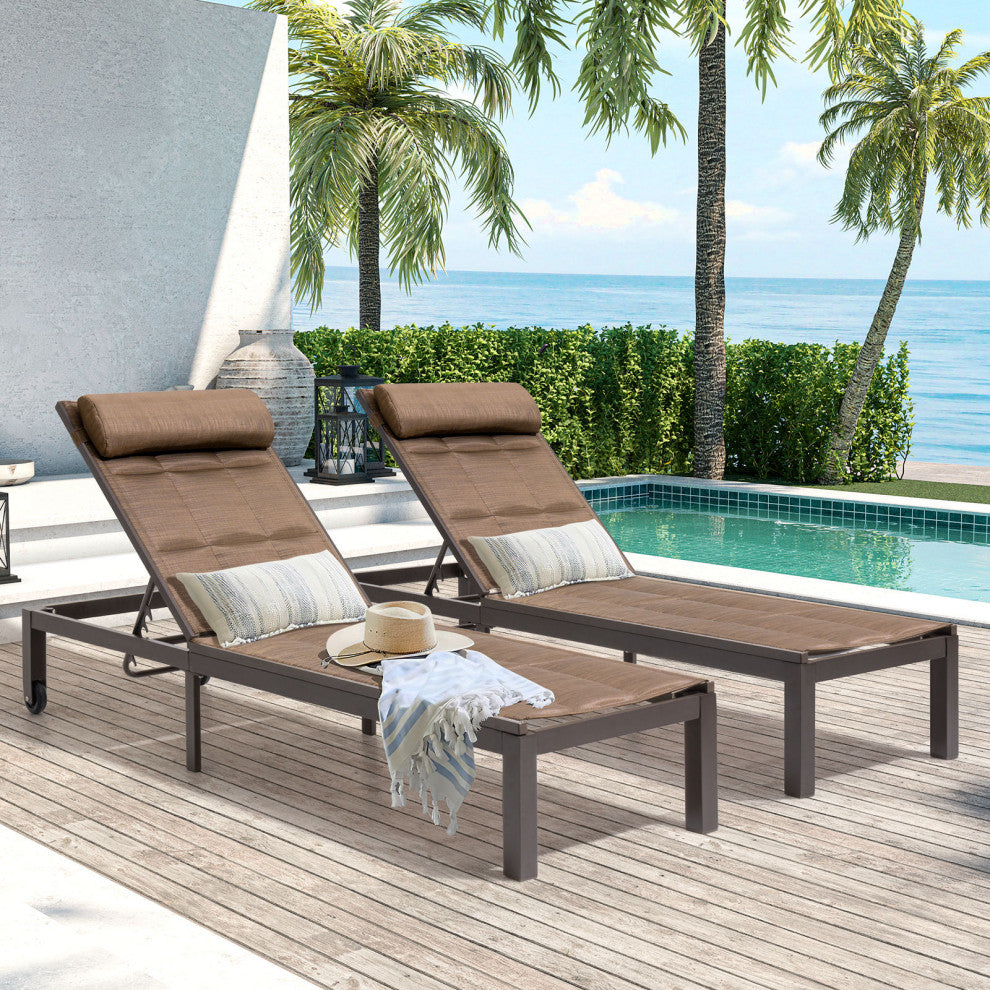 Outdoor Adjustable Quilted Chaise Lounge Chair with Wheels (Set of 2), Brown