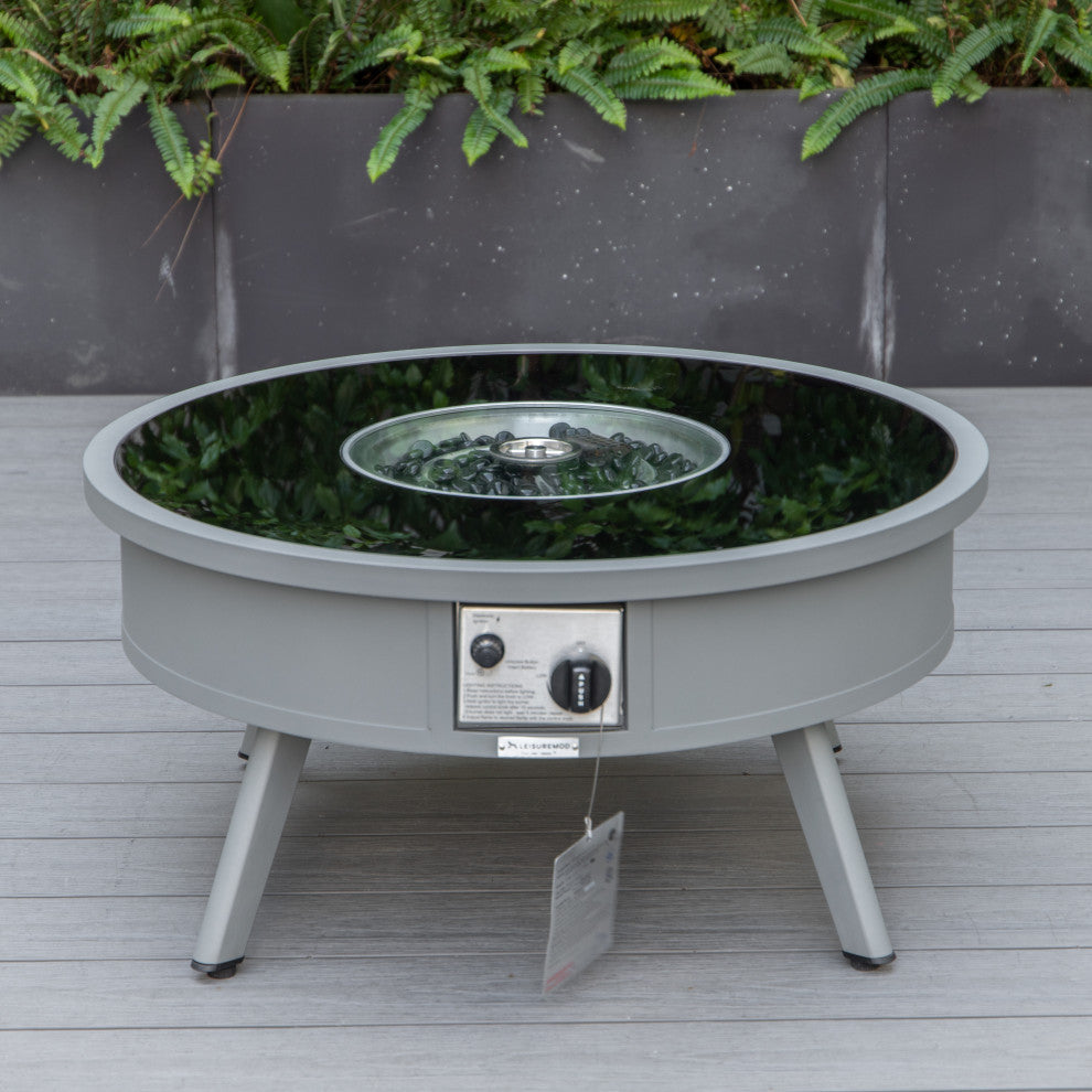 LeisureMod Walbrooke Grey Patio Sofa Set With Round Fire Pit Table, Grey