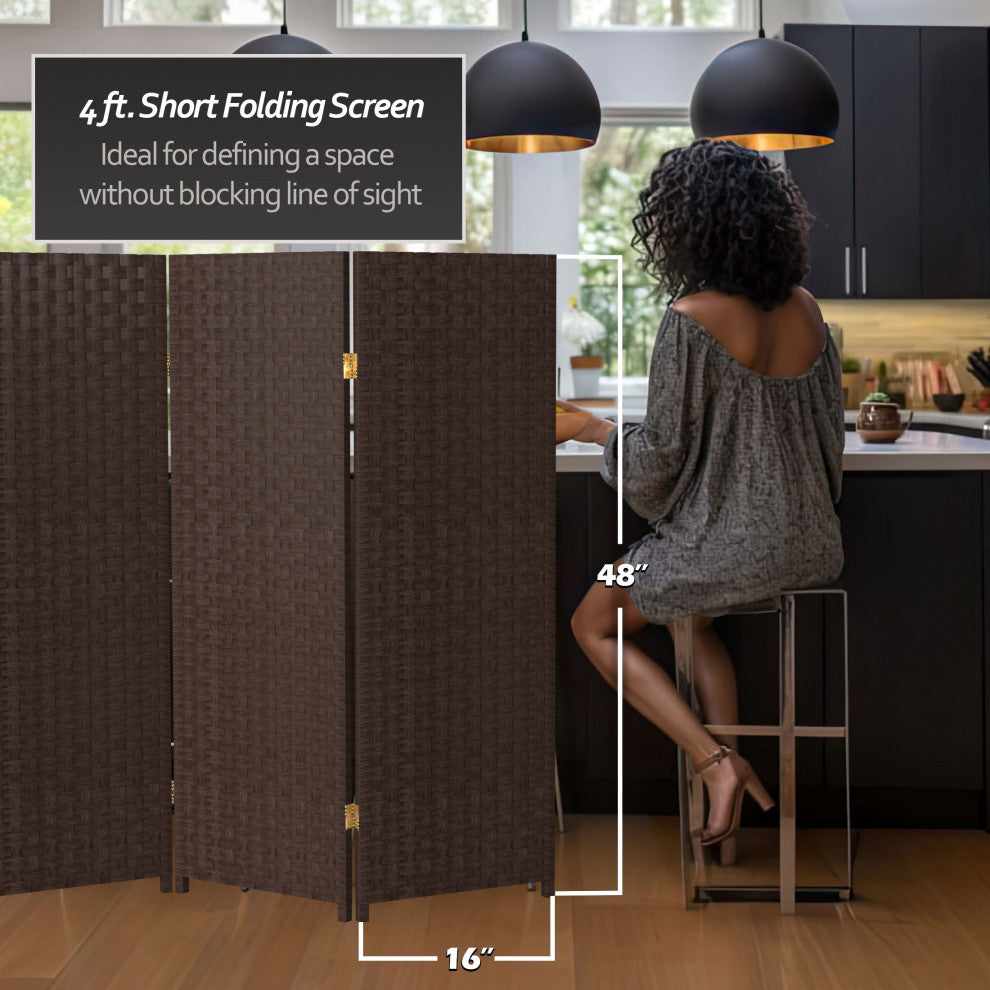 4' Tall Woven Fiber Room Divider, Dark Mocha, 3 Panel